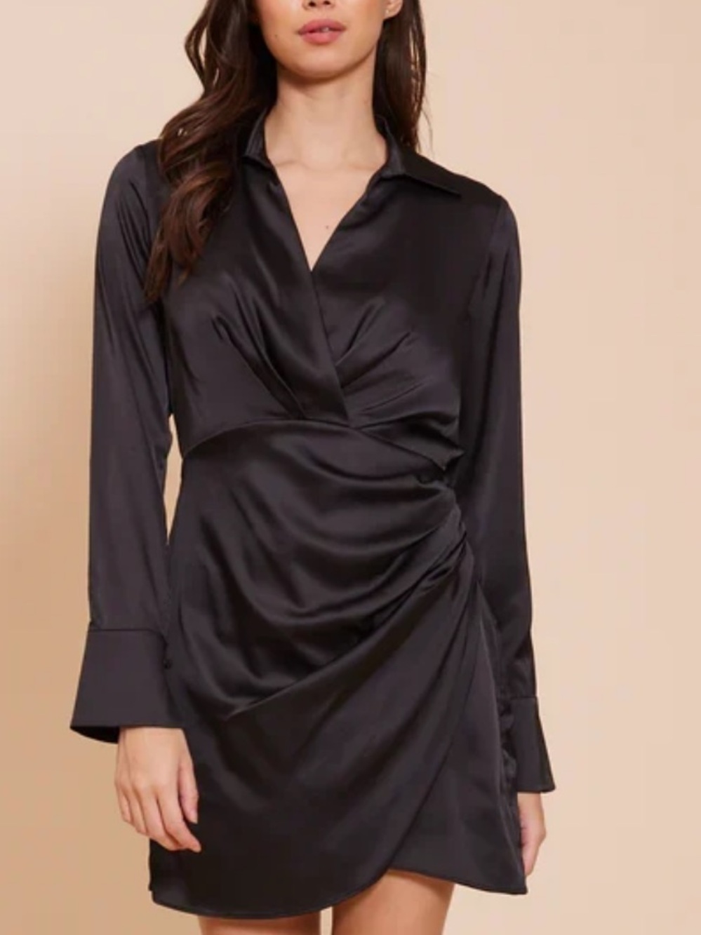 Lucy Paris Tristan Black Satin Ruched Wrap Mini Dress XS